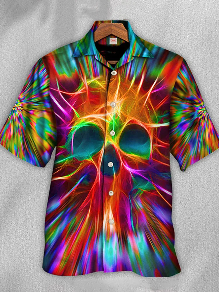 Eye-Catching Rainbow Radiant Skull Printing Cuban Collar Hawaiian Short Sleeve Shirt