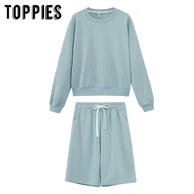 toppies 2021 Women Two Piece Set Tracksuits O-neck Sweatshirts Elastic High Waist bermuda shorts solid color