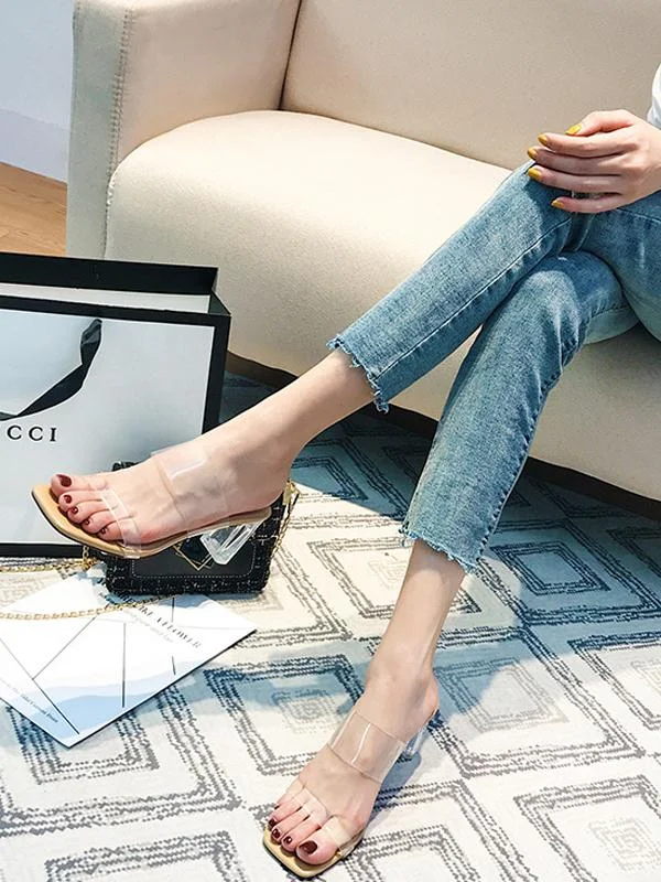 One word with thick heel crystal transparent high-heeled slippers