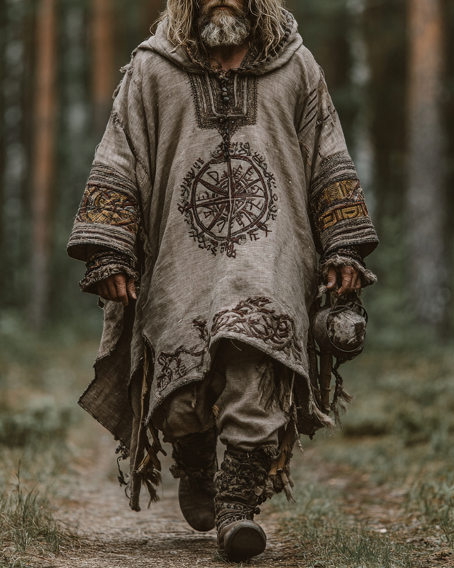 Men's Vacation Retro Viking 3D Print Embroidered Hooded Kaftan a347