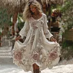 Women's Vintage Romantic White Rose Embroidery Art Comfy Linen Maxi Dress - Image 9
