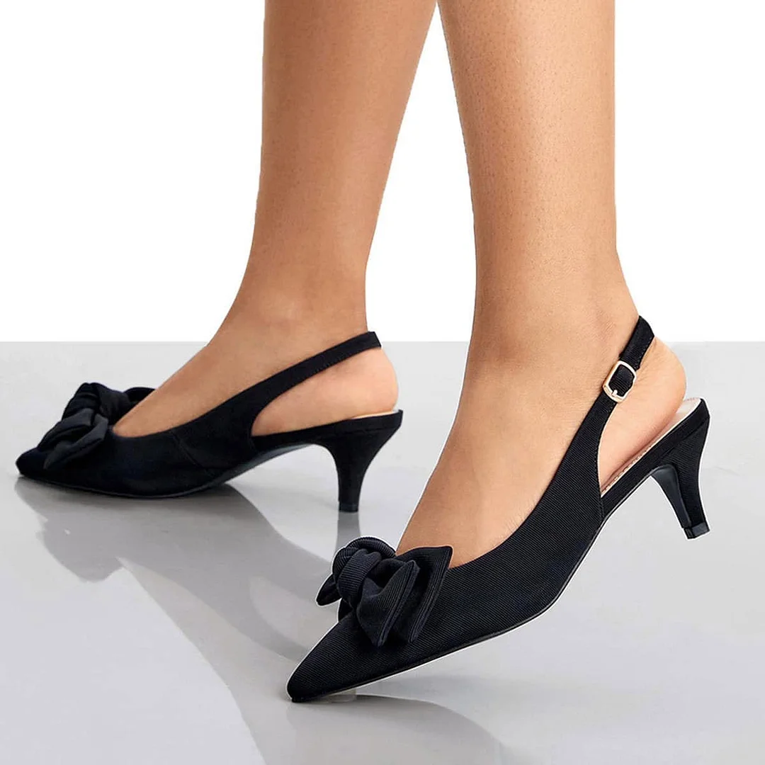 Black Kitten Low Heel Bow Pointed Toe Comfort Slingback Shoes