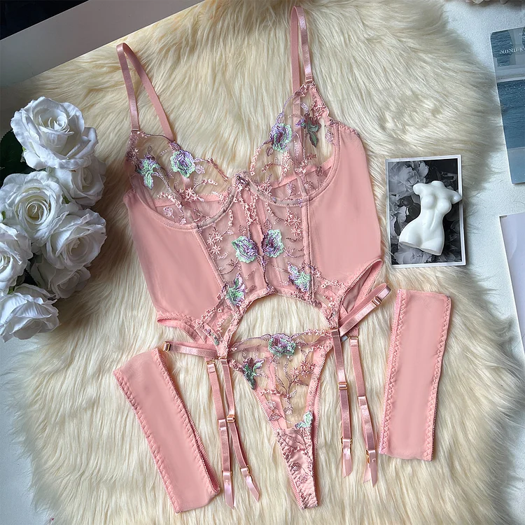  Mesh Embroidery See-through Underwear Set
