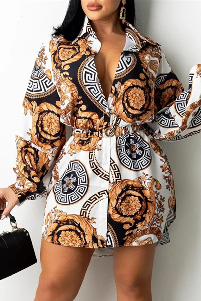 Fashion Casual Print Basic Turndown Collar Long Sleeve Shirt Dress (Without Belt)