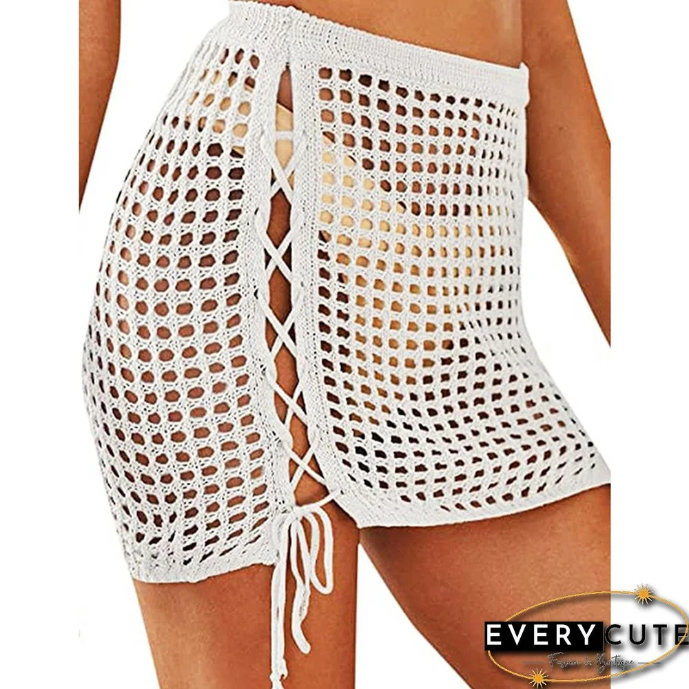 White Hollow-out Side Drawstring Beachwear Mini Skirt