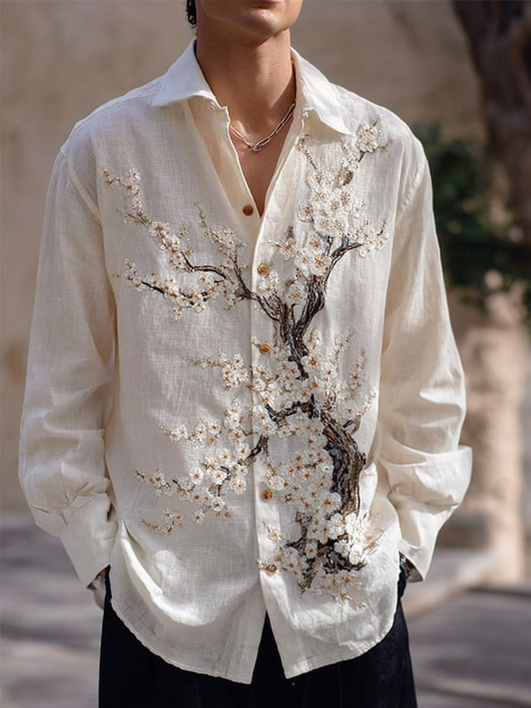 Men's Japanese Cherry Blossom Art Cozy Linen Blouse  artssus