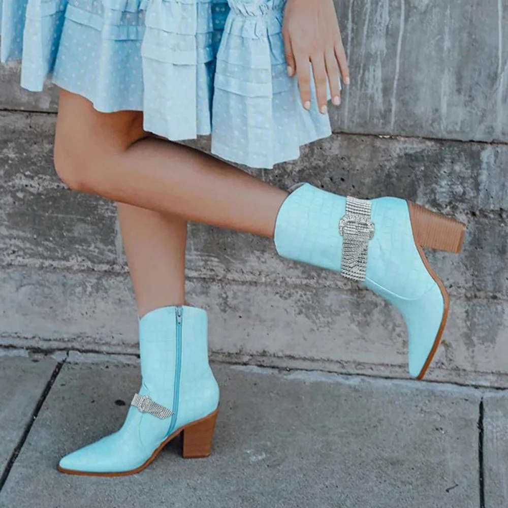 Turquoise Vegan Leather Snake Skin Booties Pointed Toe Cowgirl Heels Nicepairs