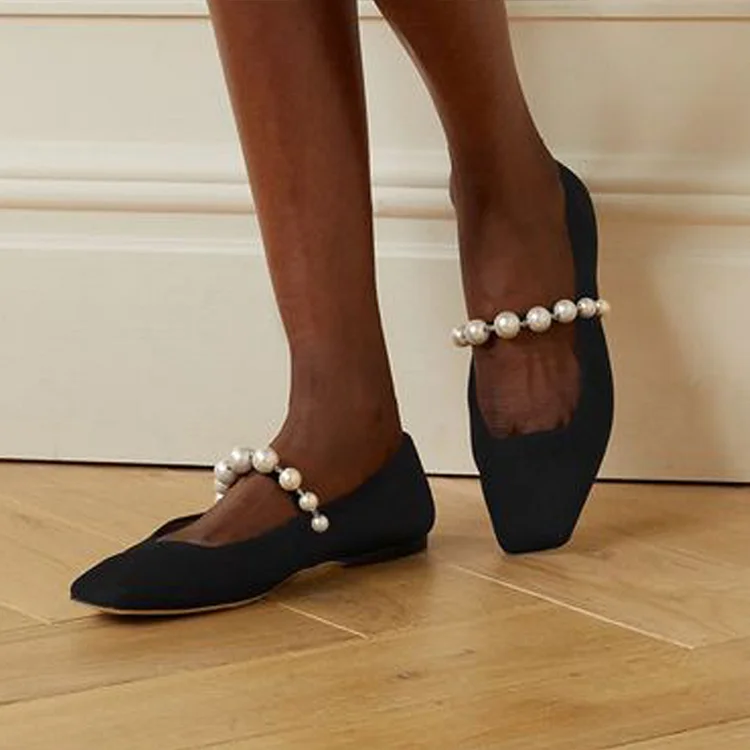 Black Vegan Suede Flat Pump Women'S Elegant Square Toe Pearl Shoes Summer Cute Flats |FSJ Shoes