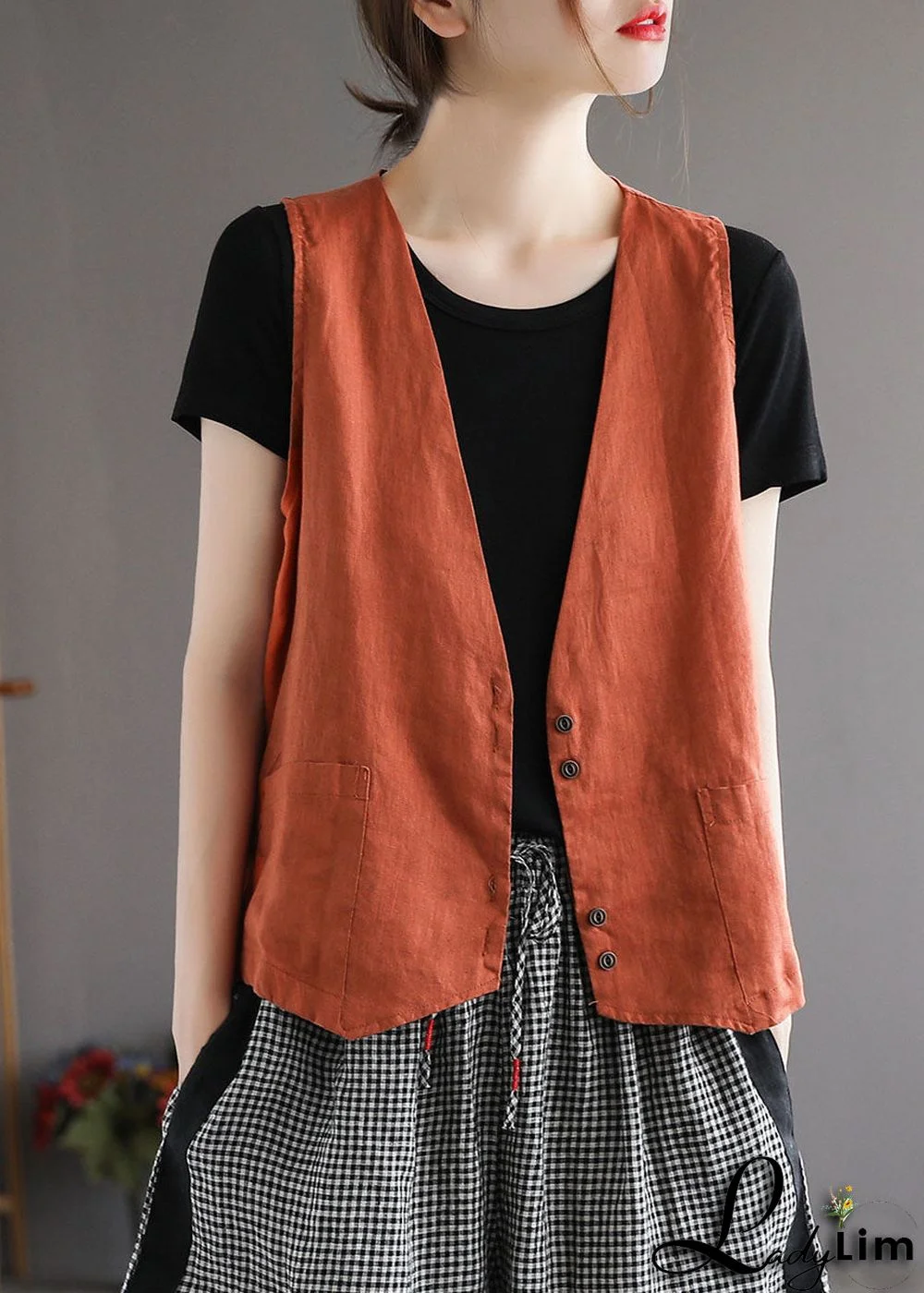 Plus Size Orange V Neck Pockets Linen Vest Tops Sleeveless