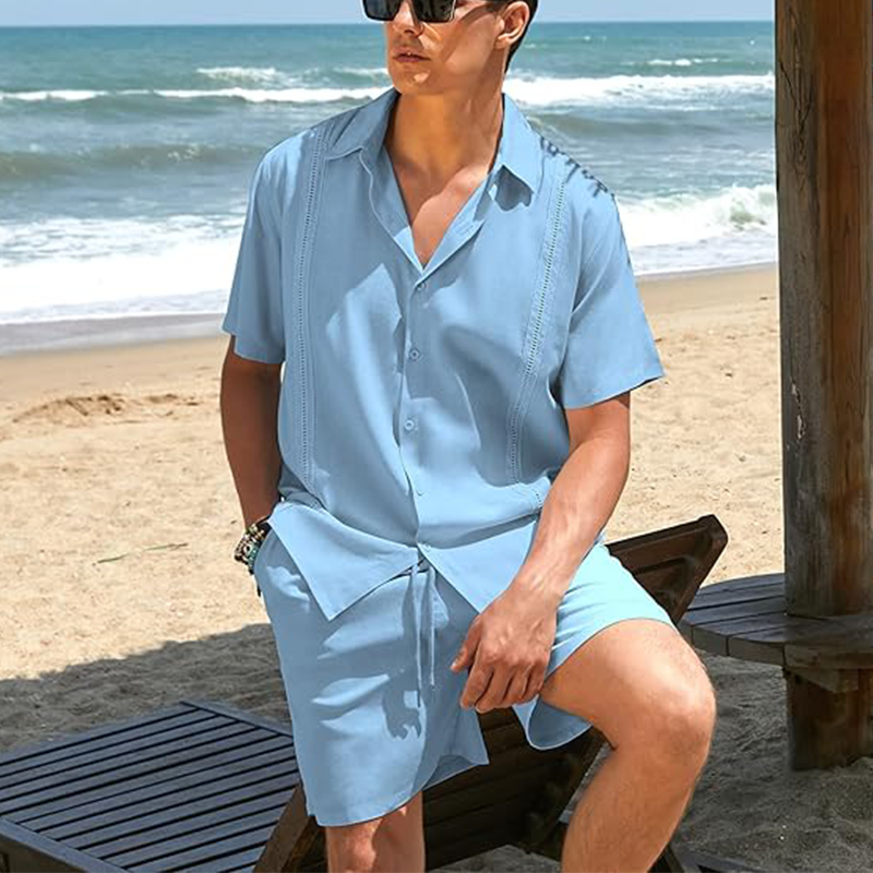 Men's Outdoor Leisure Beach Vacation Editing Edge Strips Linen Sets