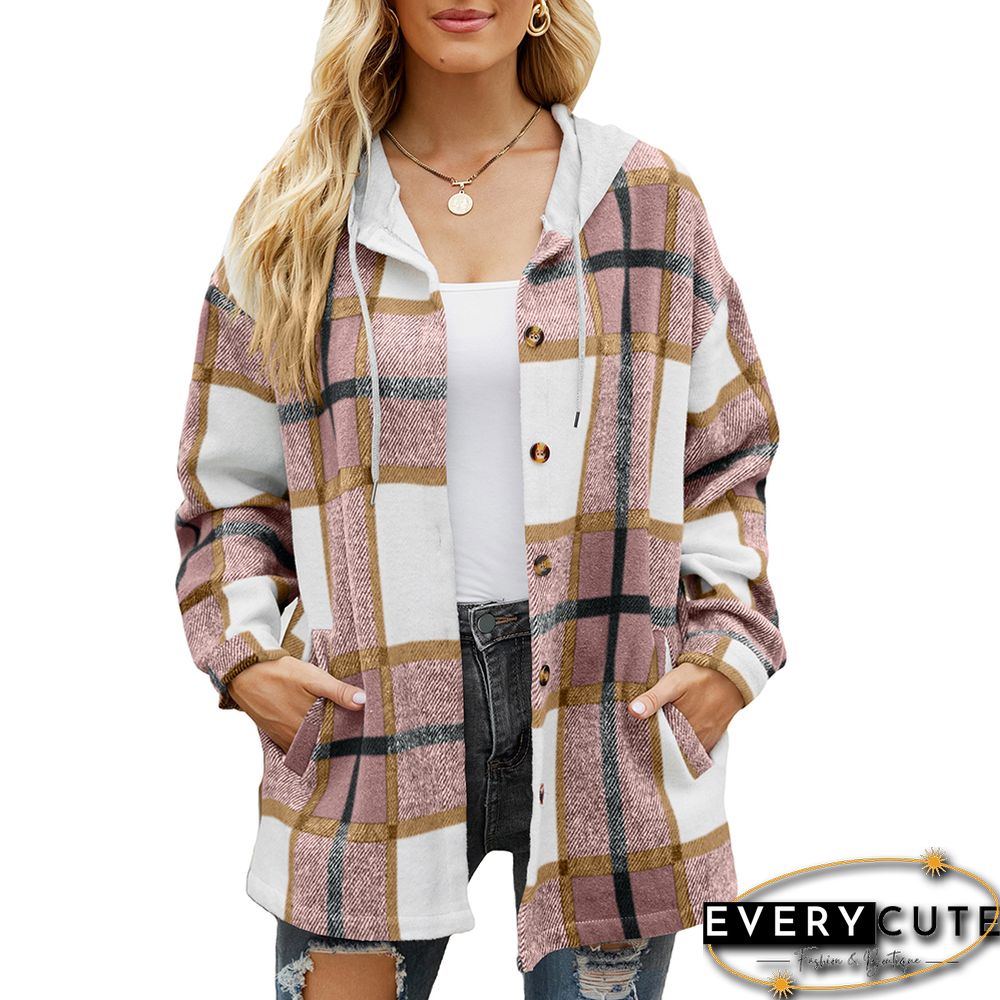 Pink Woolen Plaid Print Hooded Coat with Pocket