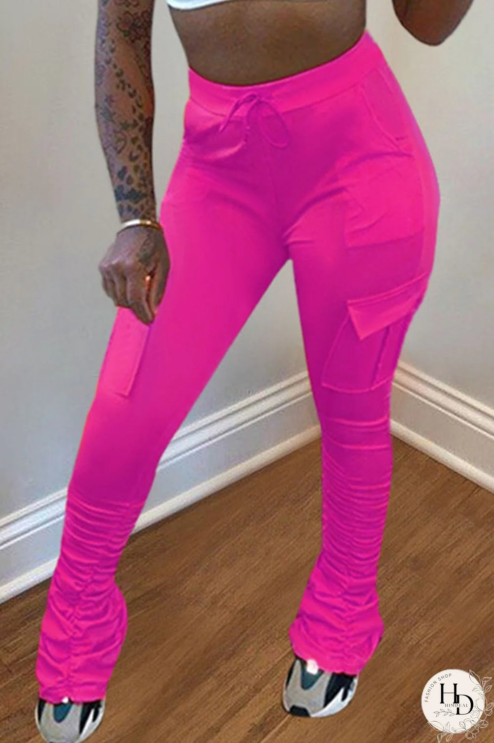 Yellow Drawstring High Solid Pocket Draped Boot Cut Pants Bottoms