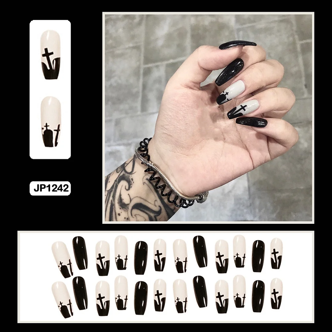 24PCS Dark Punk False Nails with Glue Gradient Long Detachable Fire Stick on Nails Skull Flame  Art DIY Fashion Manicure Tool-Nail Inspo