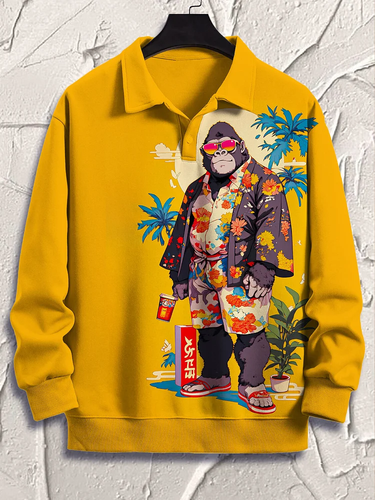 Men's Gorilla on Vacation Art Print Casual Polo Sweatshirt