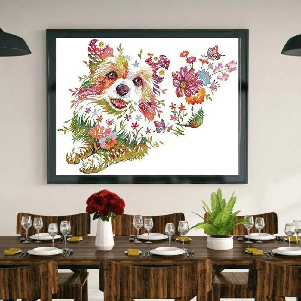 Full Round Diamond Painting 40*30cm - Puppy And Flowers