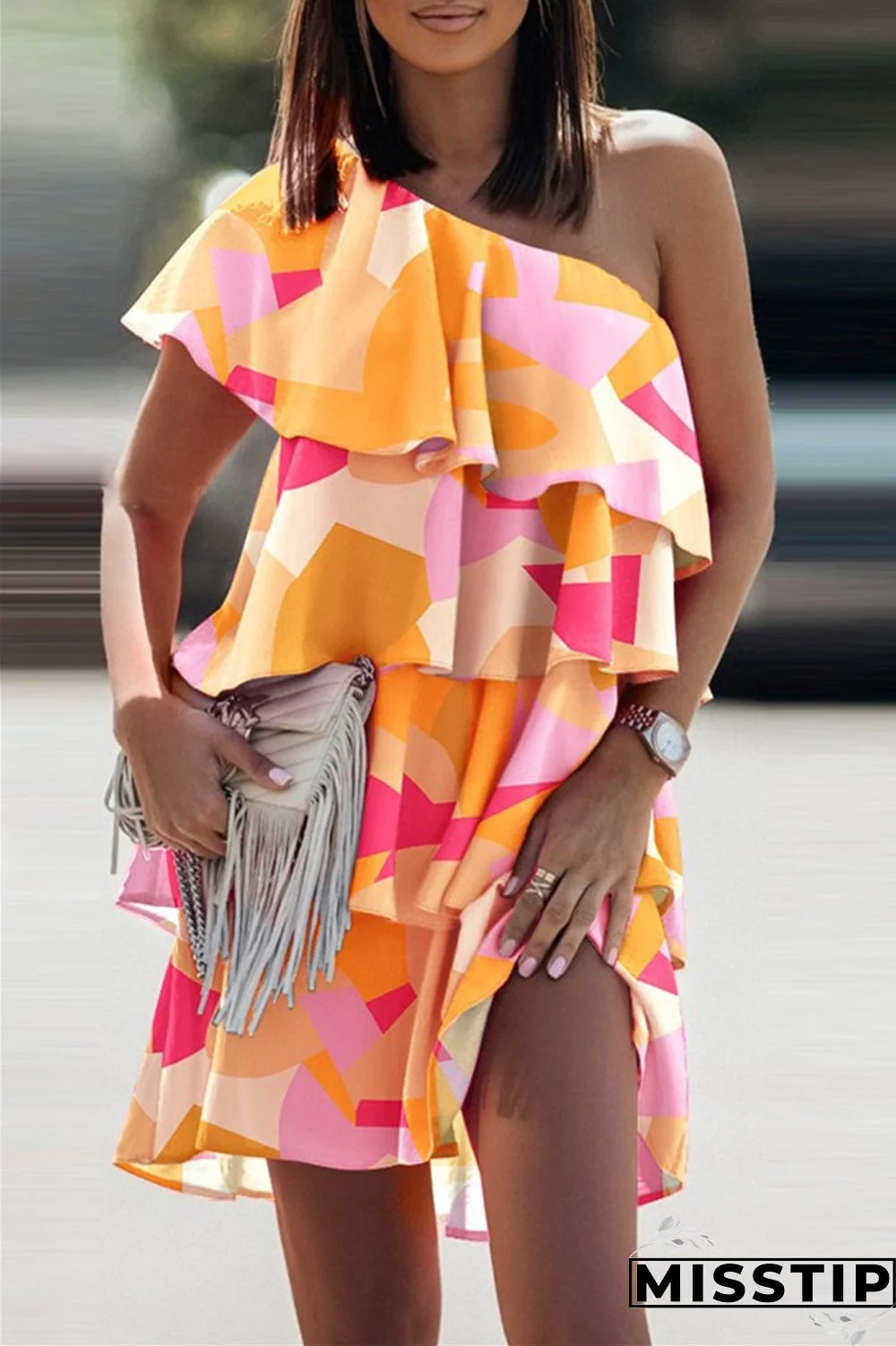 Blue Fashion Casual Print Patchwork Backless Oblique Collar Sleeveless Dress Dresses