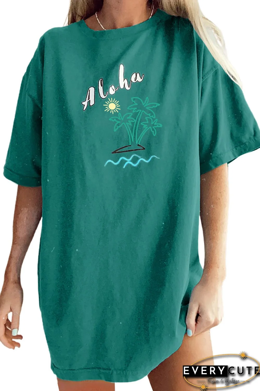 Green Aloha By The Beach Oversize Boyfriend Tee