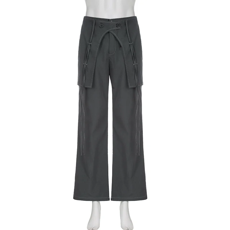 Ueong New Spring Women's Wear High Waist Design Feeling Cross Ribbon Fashion Street Style Leisure Woven Trousers