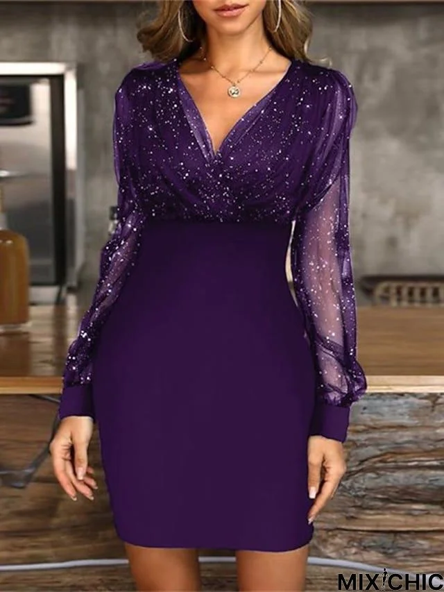 Women's Semi Formal Party Dress Sequin Dress Bodycon Mini Dress Black Wine Purple Long Sleeve Pure Color Sequins Winter Fall Spring V Neck Fashion Winter Dress Fall Dress 2023 S M L XL XXL