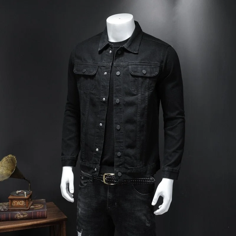 Huiketi Mens Denim Jacket Moto Biker Outerwear Coats Men Jeans Jacket Black Casual Cotton Turn Down Collar Motorcycle Denim Coats Men