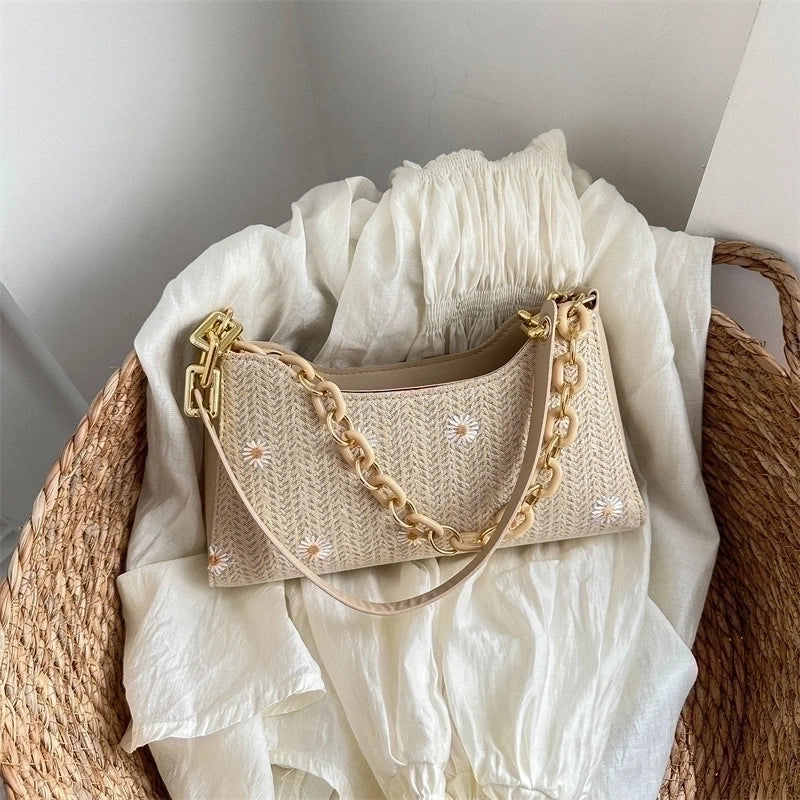 Women’s Medium Spring&summer Pu Leather Straw Streetwear Underarm Bag