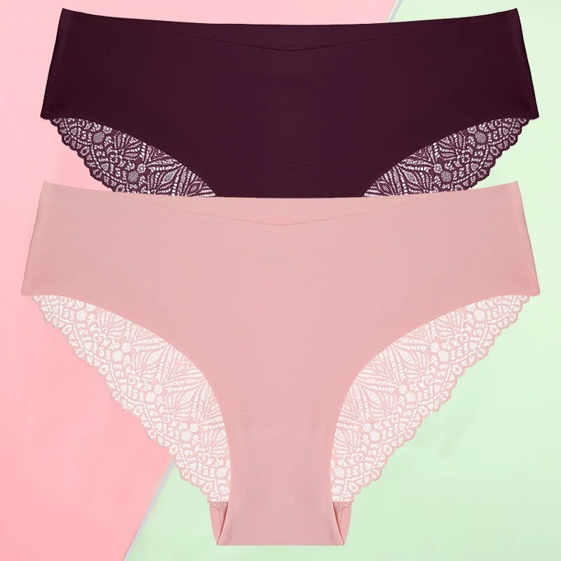 FINETOO 2PCS/Set S-XL Sexy Women Seamless Lace Pantys 6 Solid Colors Breathable Panties Lace Underwear For Girls Thong Lingerie