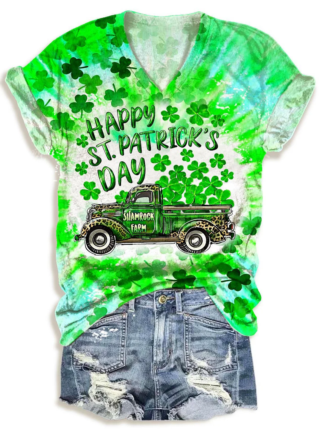 St. Patrick's Shamrock Farm Truck Print V-Neck T-Shirt