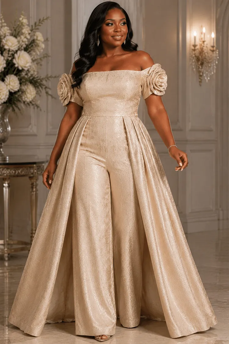 Xpluswear Design Plus Size Formal Champagne Off The Shoulder Short Sleeve With&nbsp;Skirt&nbsp;Overlay&nbsp;3D Satin Jumpsuits [Pre-Order] 2024 - Xpluswear