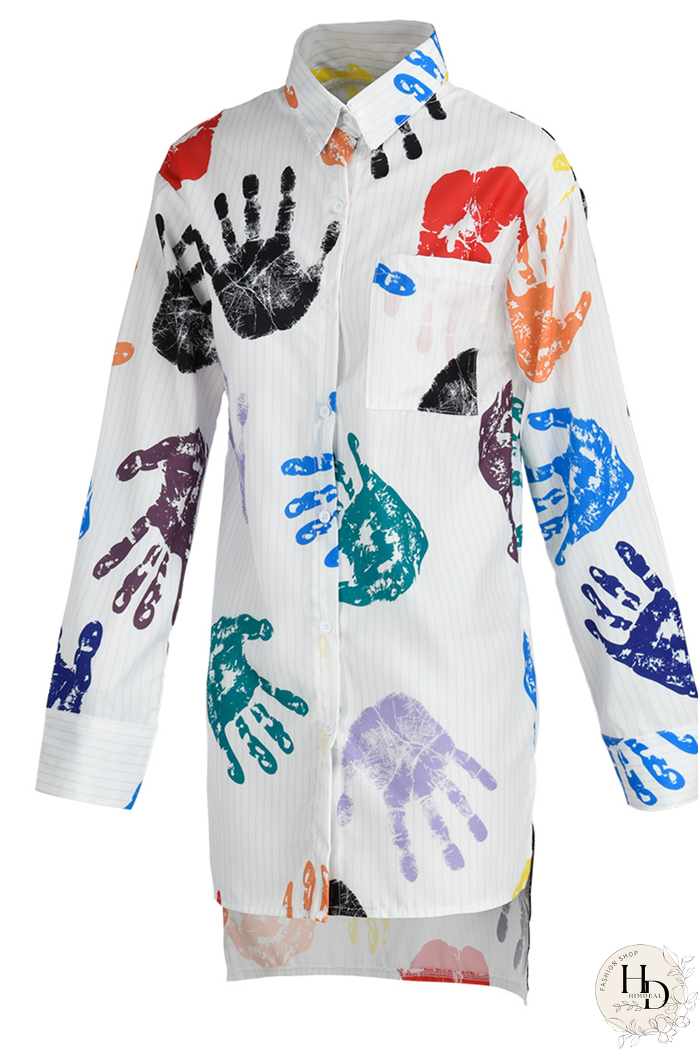 White Casual Print Patchwork Turndown Collar Tops