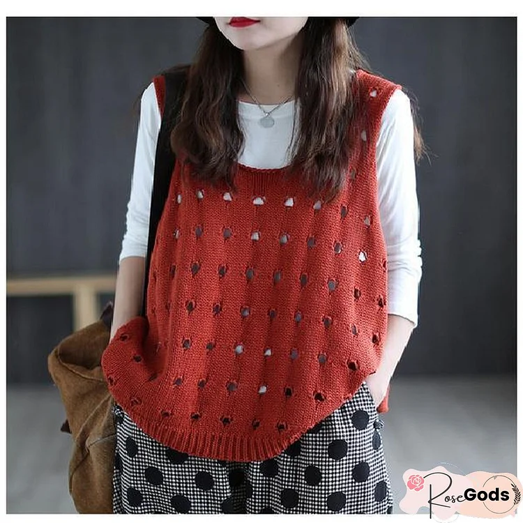 Sweater Vests Women O-Neck Hollow Out Baggy Vintage Sleeveless Jumpers Elegant Women's Vest Knitwear Comfortable Trendy