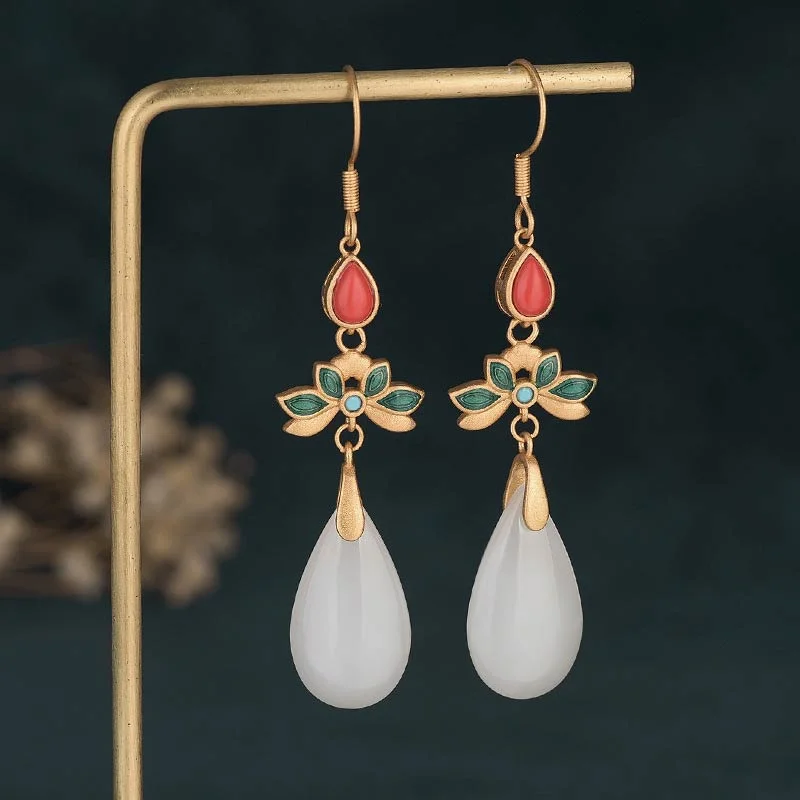 FengShui White Jade Luck Drop Earrings