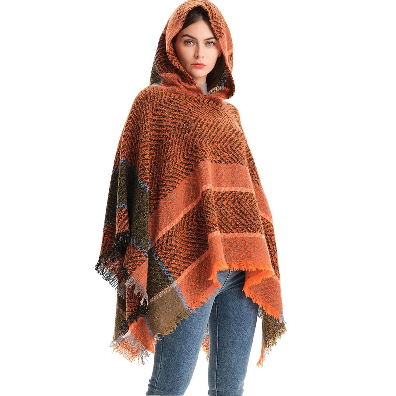 Factory Direct Supply New Spring And Autumn And Winter Fish Bone Pattern Ladies Hooded Shawl Pullover Cloak