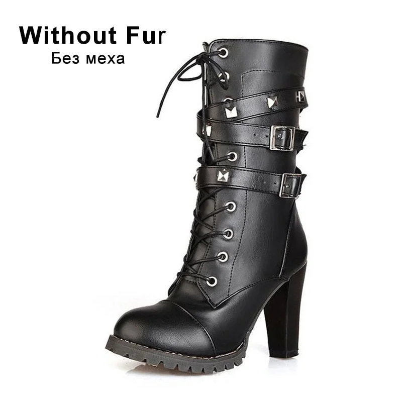 TAOFFEN Ladies shoes Women boots High heels Platform Buckle Zipper Rivets Sapatos femininos Leather boots Size 34-48