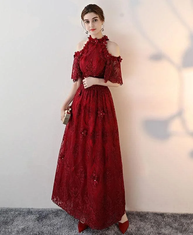 Unique Lace Applique Burgundy Long Prom Dress, Lace Evening Dress
