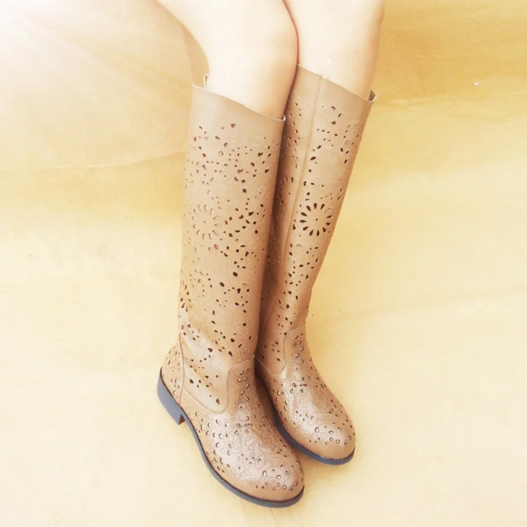 Khaki Laser Cut Vintage Knee Summer Boots Vdcoo