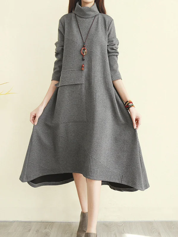 Loose A-Line Cropped High-Neck Long Sleeves Dress