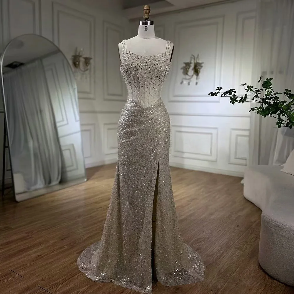 Okdais Gorgeous Sequin Prom Dress Mermaid Beaded Floor Length High Slit LM0024