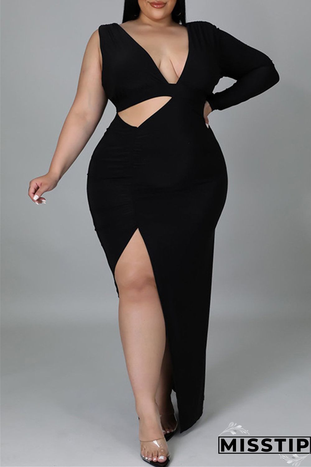 Black Fashion Casual Solid Hollowed Out Slit V Neck Long Sleeve Plus Size Dresses