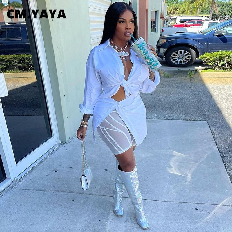 CM.YAYA Women White Long Sleeve Tie Up Single Breasted Cut Out Waist Sexy Irregular Blouse and Shirts