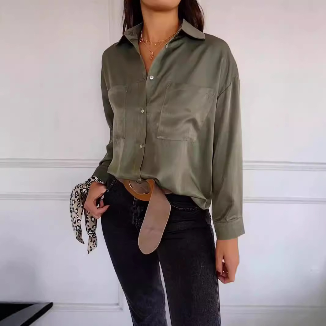 Mature Women Casual Top Long Sleeve Pocket Button Shirt