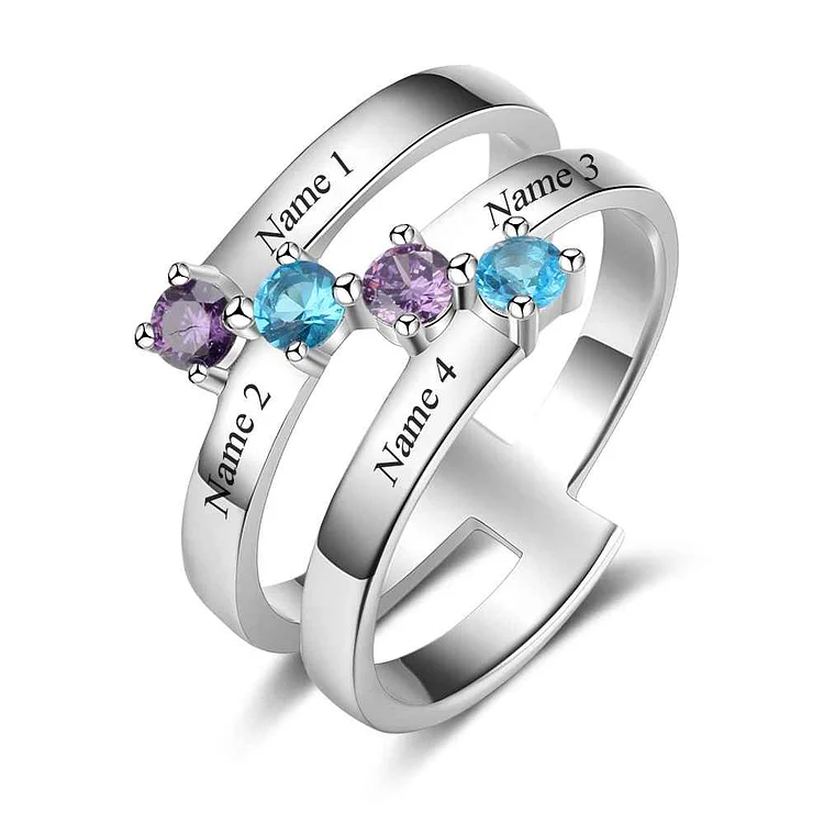 S925 Silver Ring Personalized 4 Birthstones Mothers Ring With Names Gifts For Her