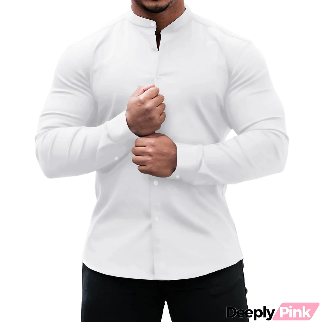 Men's Casual Solid Color Slim Elastic Stand Collar Long Sleeve Shirt