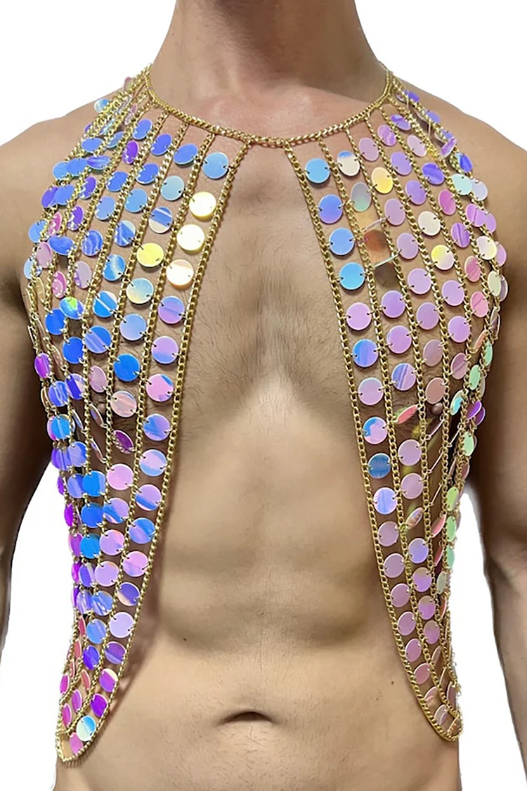 Iridescent Sparkle Disco Sequin Metal Body Chain Harness