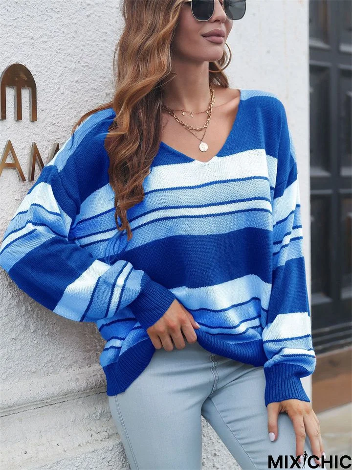 Striped Gradient V-Neck Long-Sleeved Sweater