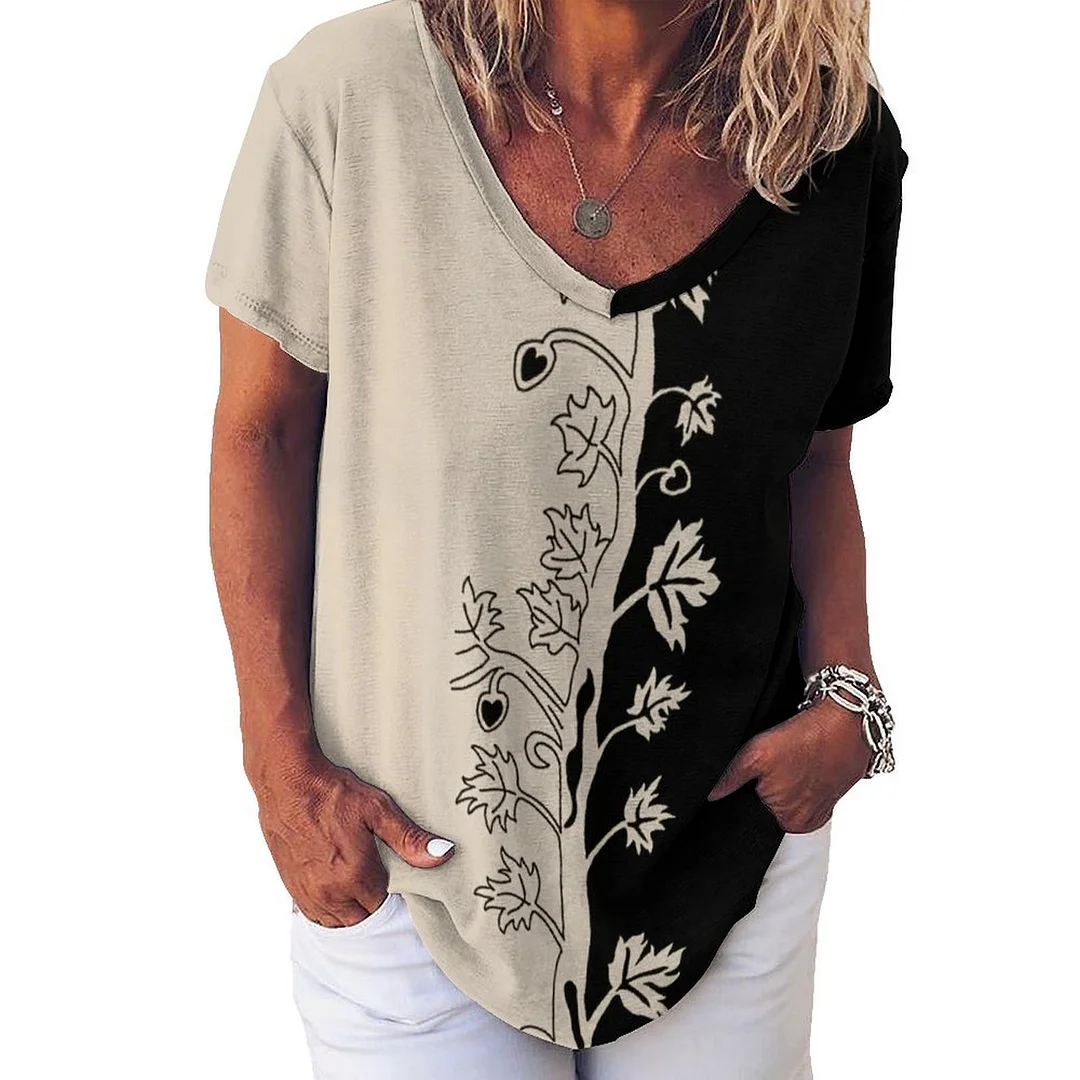 V-neck Short Sleeve Casual T-shirt for  Women Printed with Pattern Black, Floral, Beige