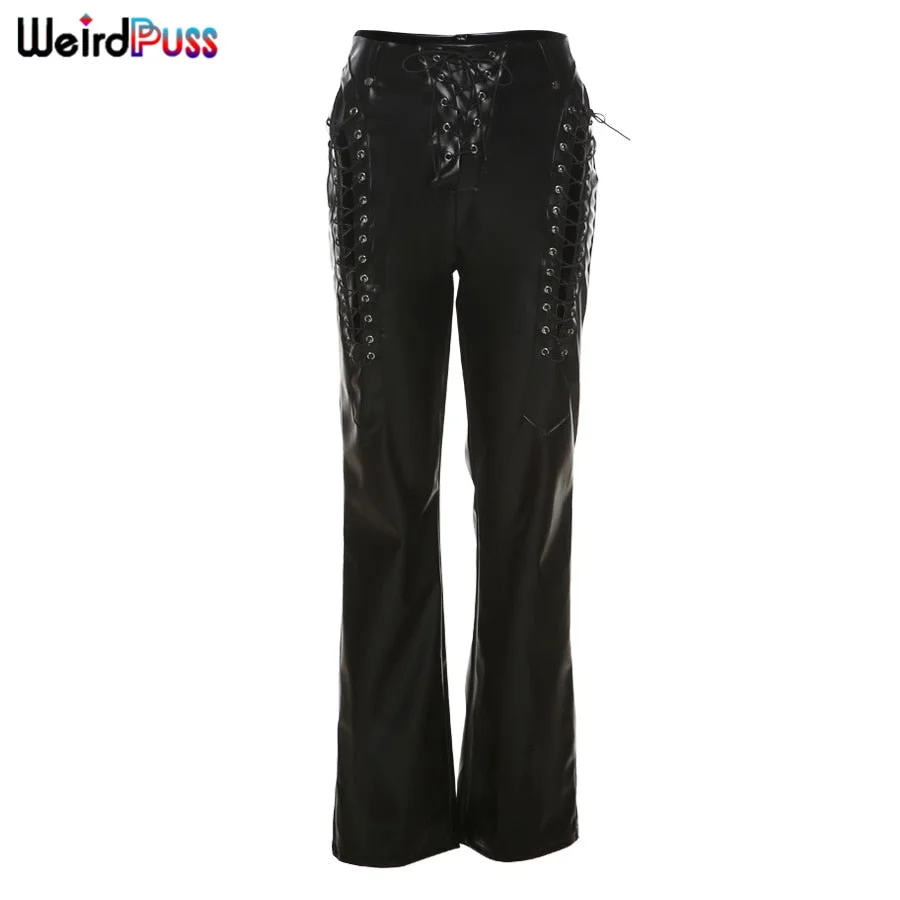 Weird Puss Faux Y2K Leather Pants Women Chic Hollow Out Bandage Sexy Summer Trend High Waist Trousers Wild Streetwear Bottoms