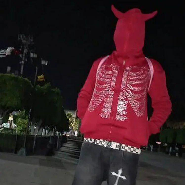 Y2K Skeleton Rhinestone Print Hoodie Gothic Full Zip Long Sleeve Hooded Sweatshirt-VESSFUL