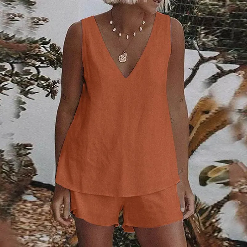 ZANZEA Summer Matching Sets Women Casual Sleeveless Short Sets Solid Tanks Tops and Shorts 2PCS Loose Cotton Suits Home wear