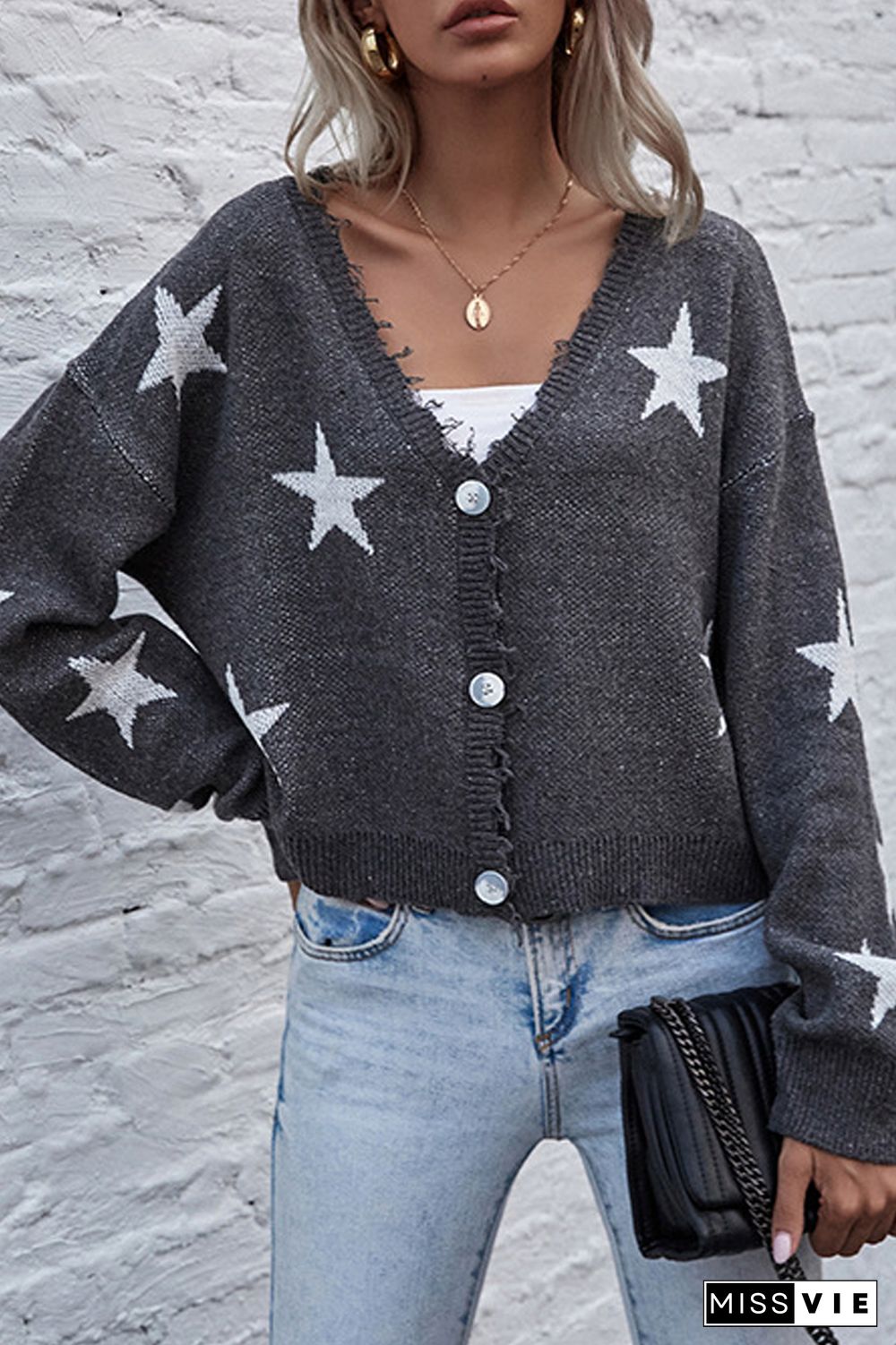 Star V-Neck Short Cardigan Sweater
