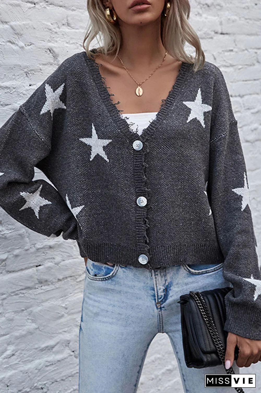 Star V-Neck Short Cardigan Sweater